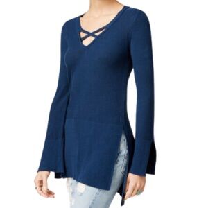 Free People Navy Blue Criss Cross Neckline Long Bell Sleeve Tunic Sweater Top XS